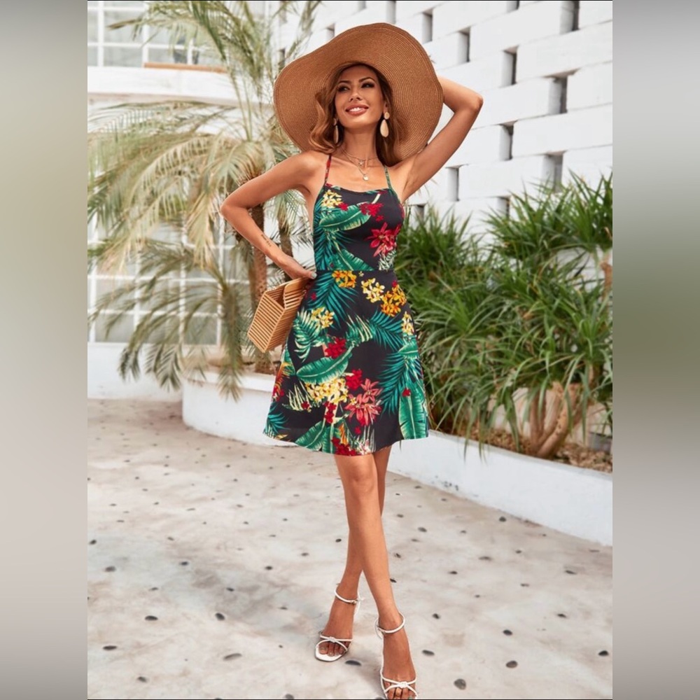 SHEIN Black Tropical Floral Spaghetti-Strap Mini Dress